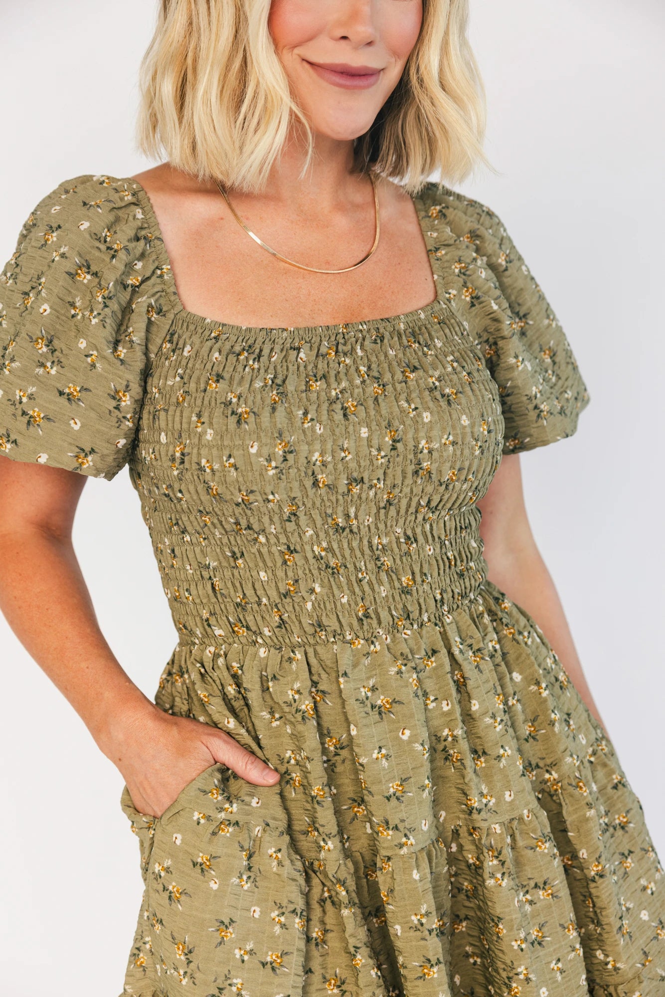 Daze Smocked Dress | Olive Floral