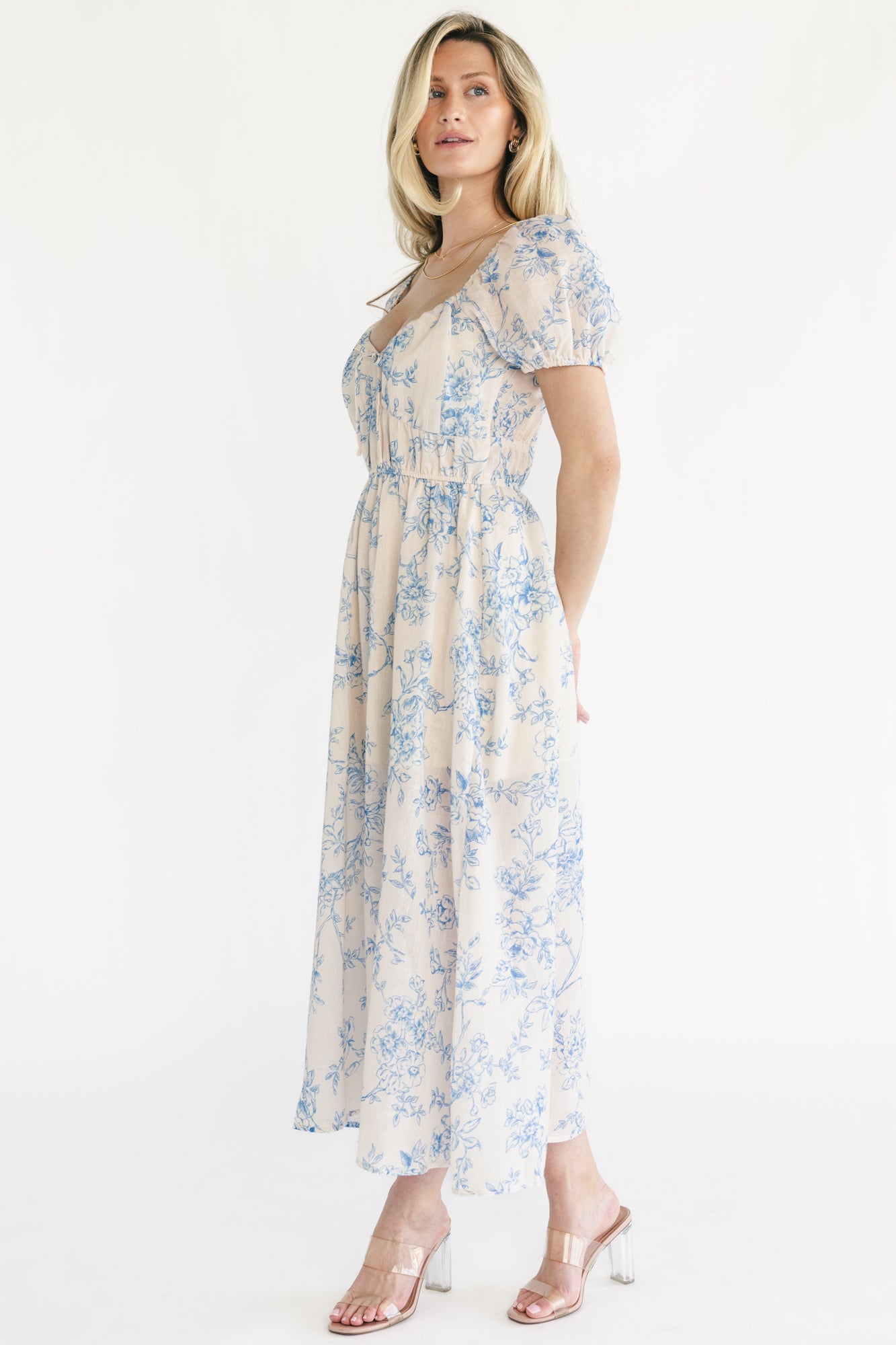 Vada Midi Dress | Cream + Blue Floral