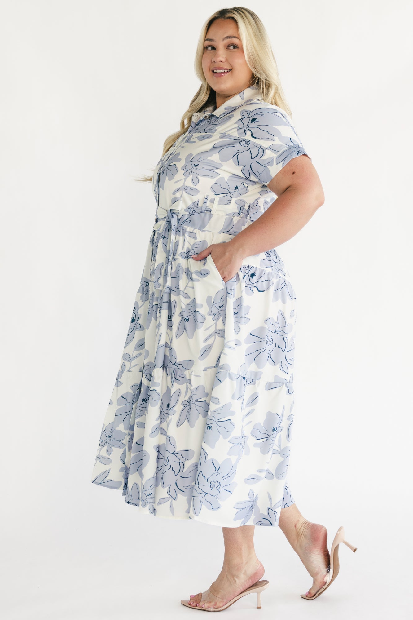 Claire Button Up Midi Dress | Ivory + Blue Floral
