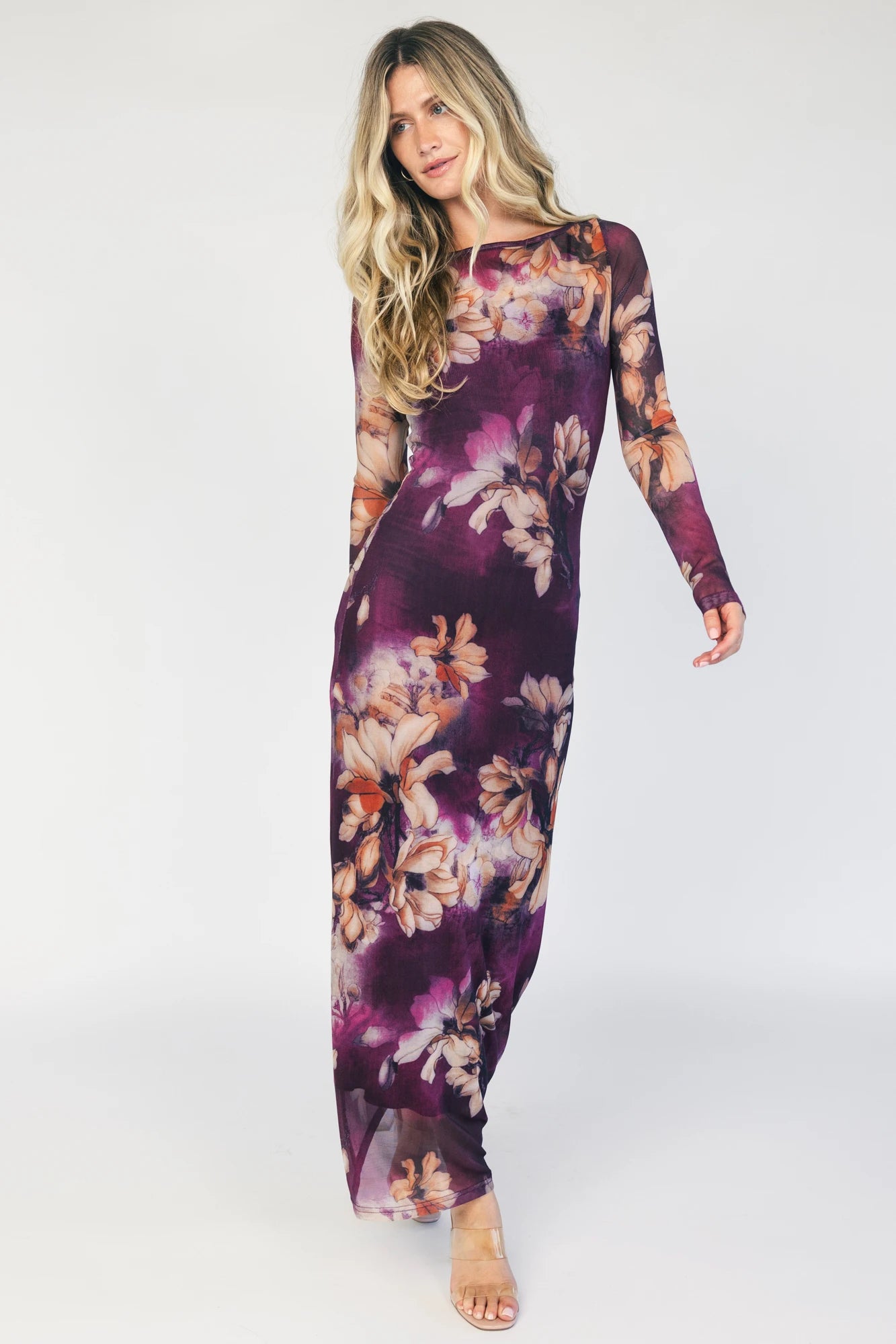 Darya Mesh Midi Dress | Purple Floral