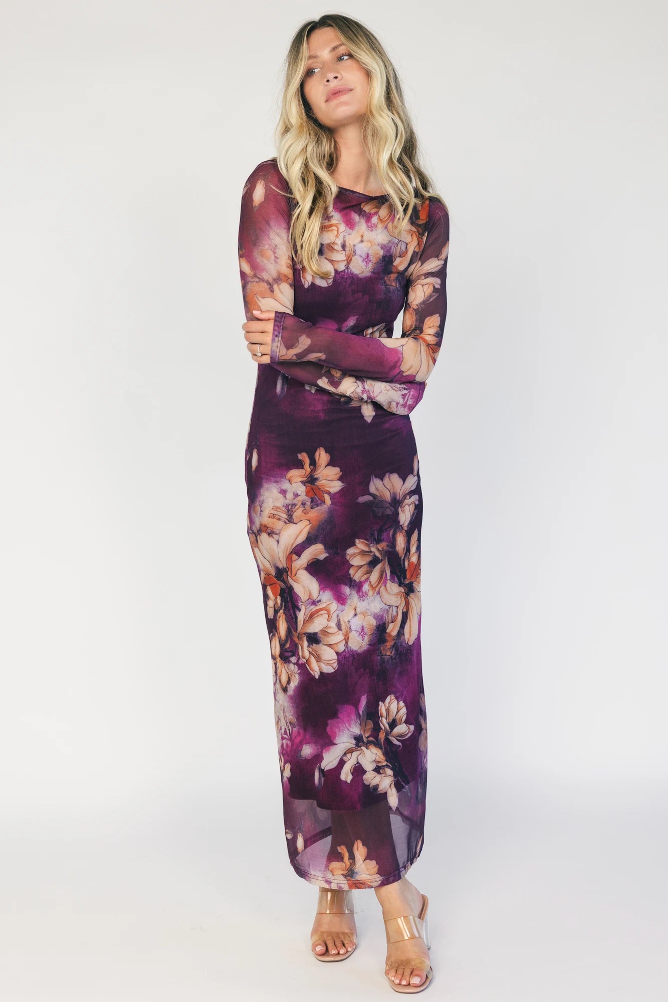 Darya Mesh Midi Dress | Purple Floral