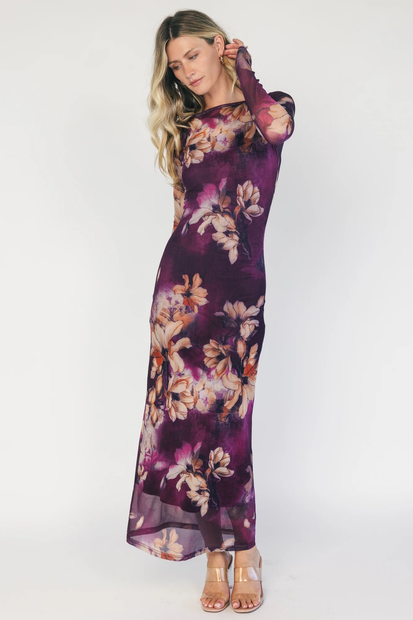 Darya Mesh Midi Dress | Purple Floral
