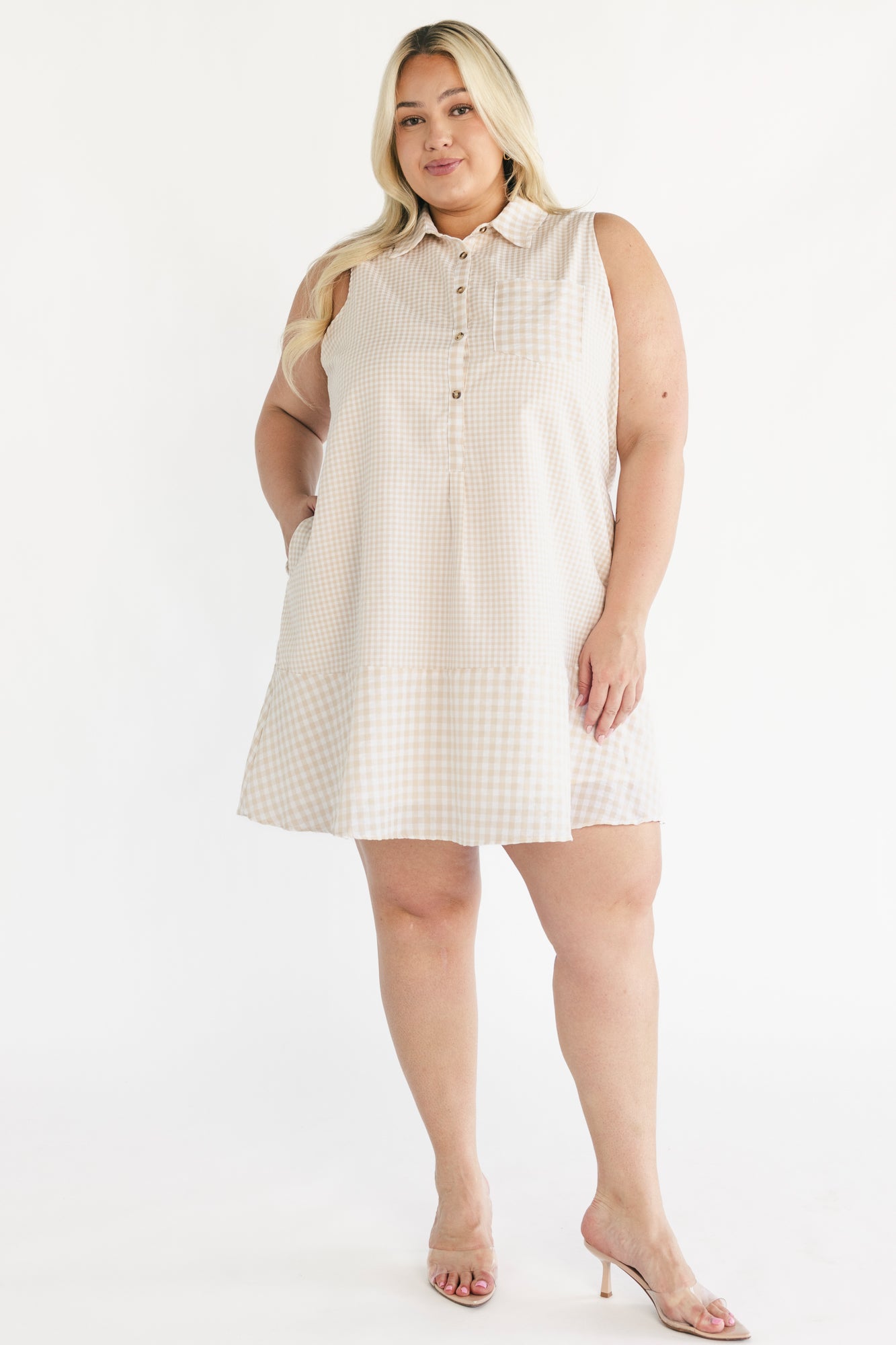 Dolly Short Dress | Beige Gingham Print
