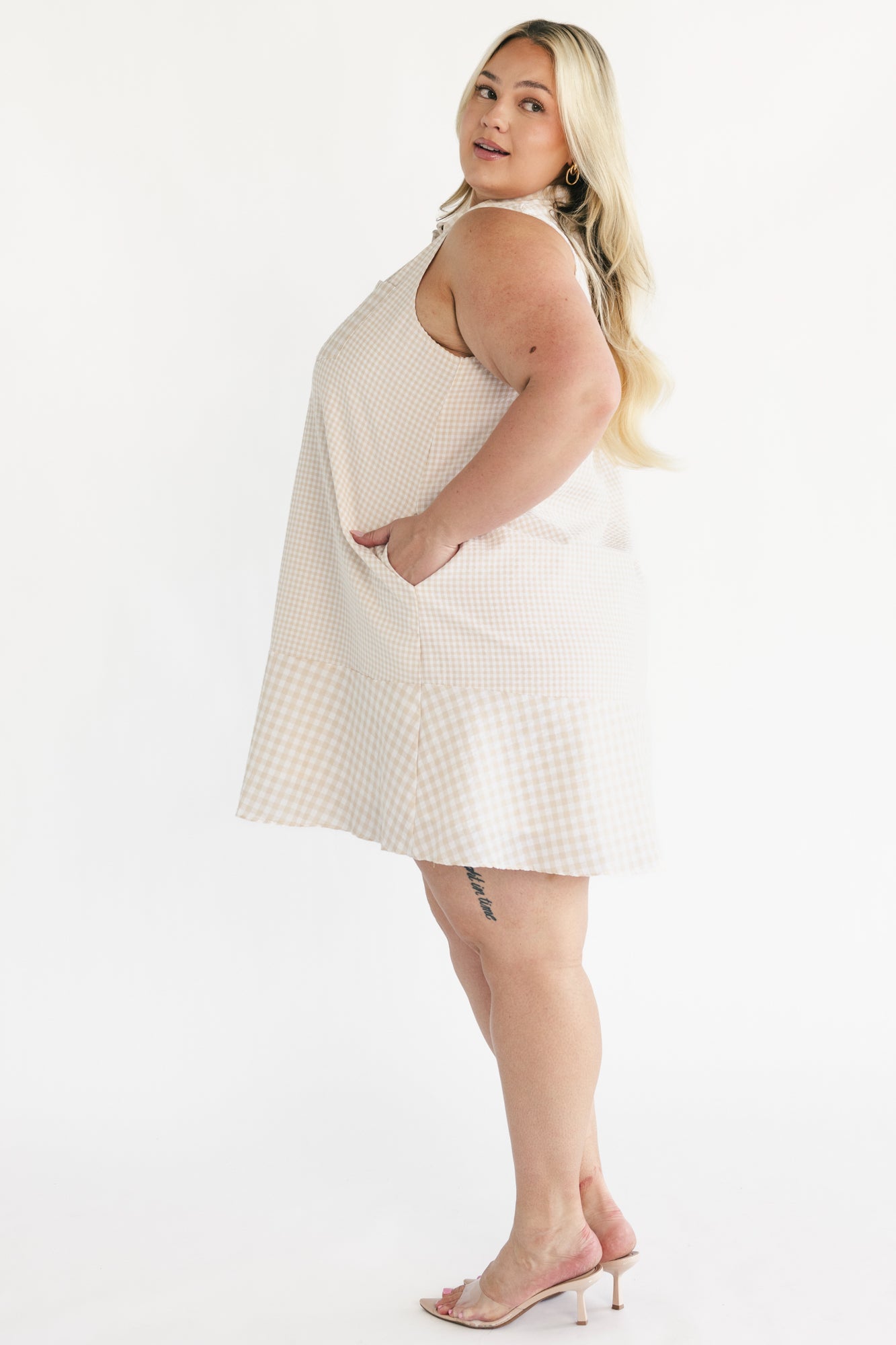 Dolly Short Dress | Beige Gingham Print