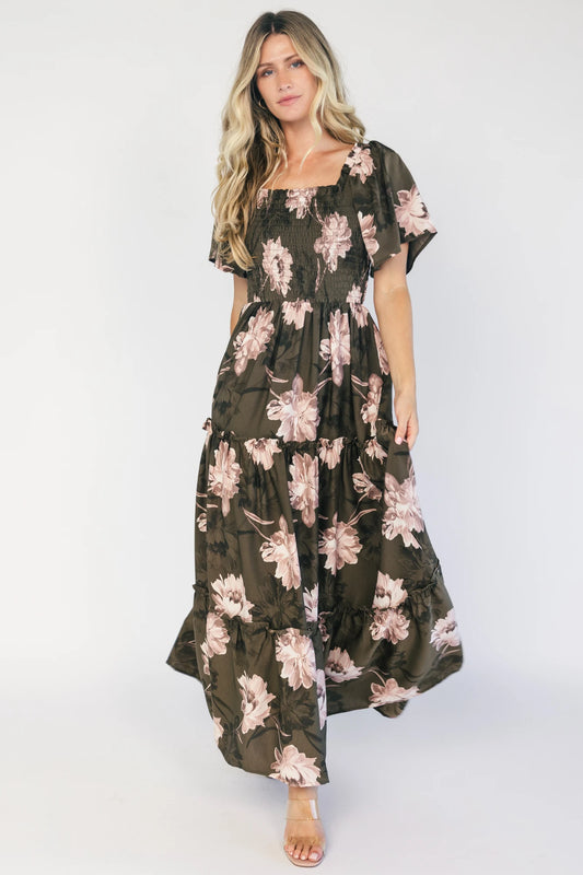 Southampton Smocked Maxi Dress | Dark Olive Floral