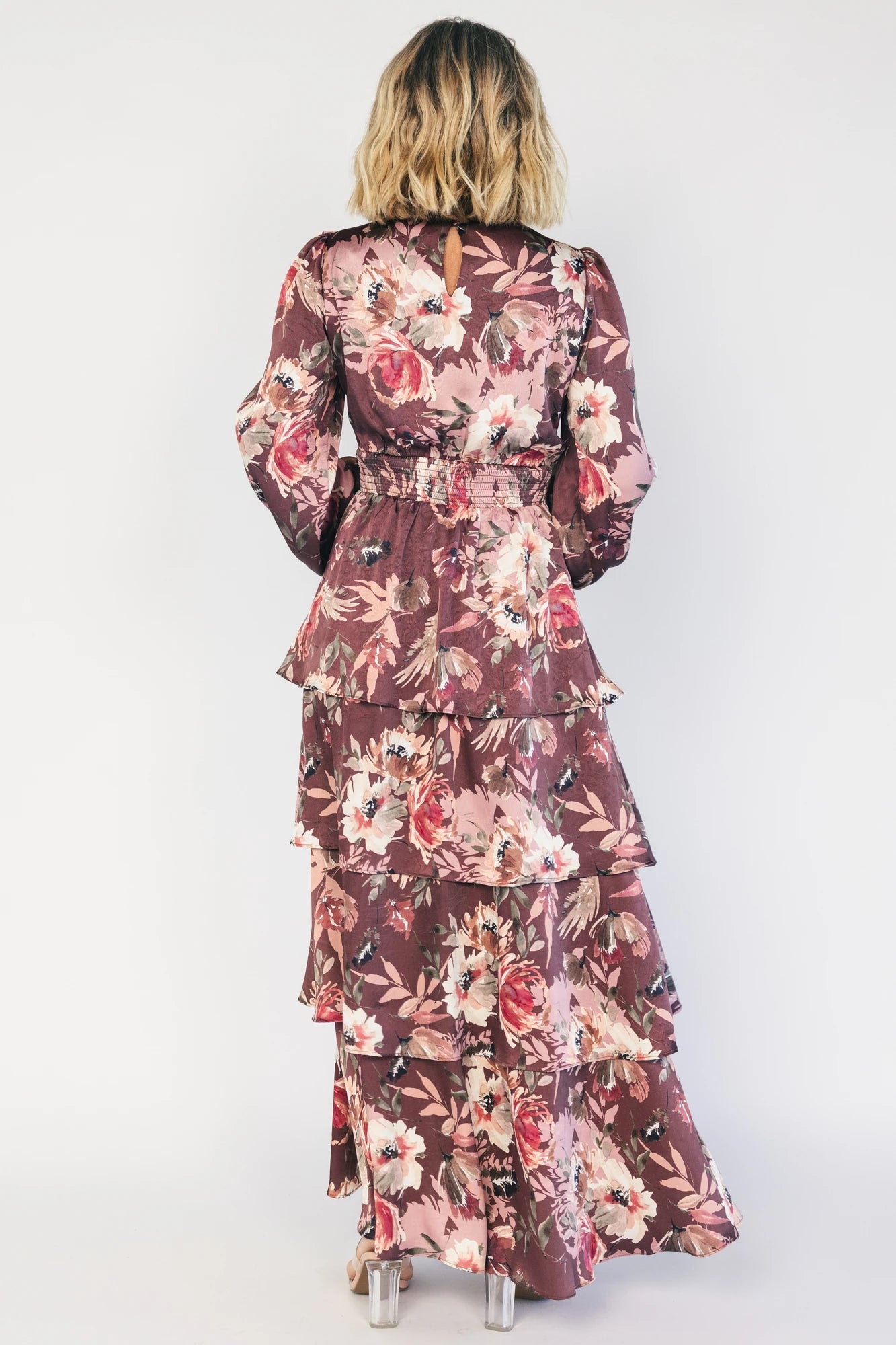 Montrouge Tiered Satin Dress | Clove + Mauve Floral