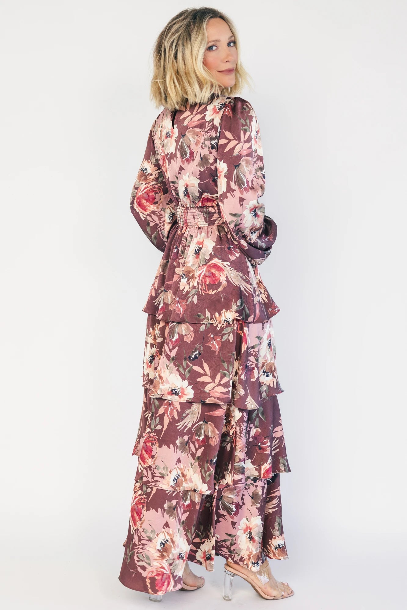 Montrouge Tiered Satin Dress | Clove + Mauve Floral