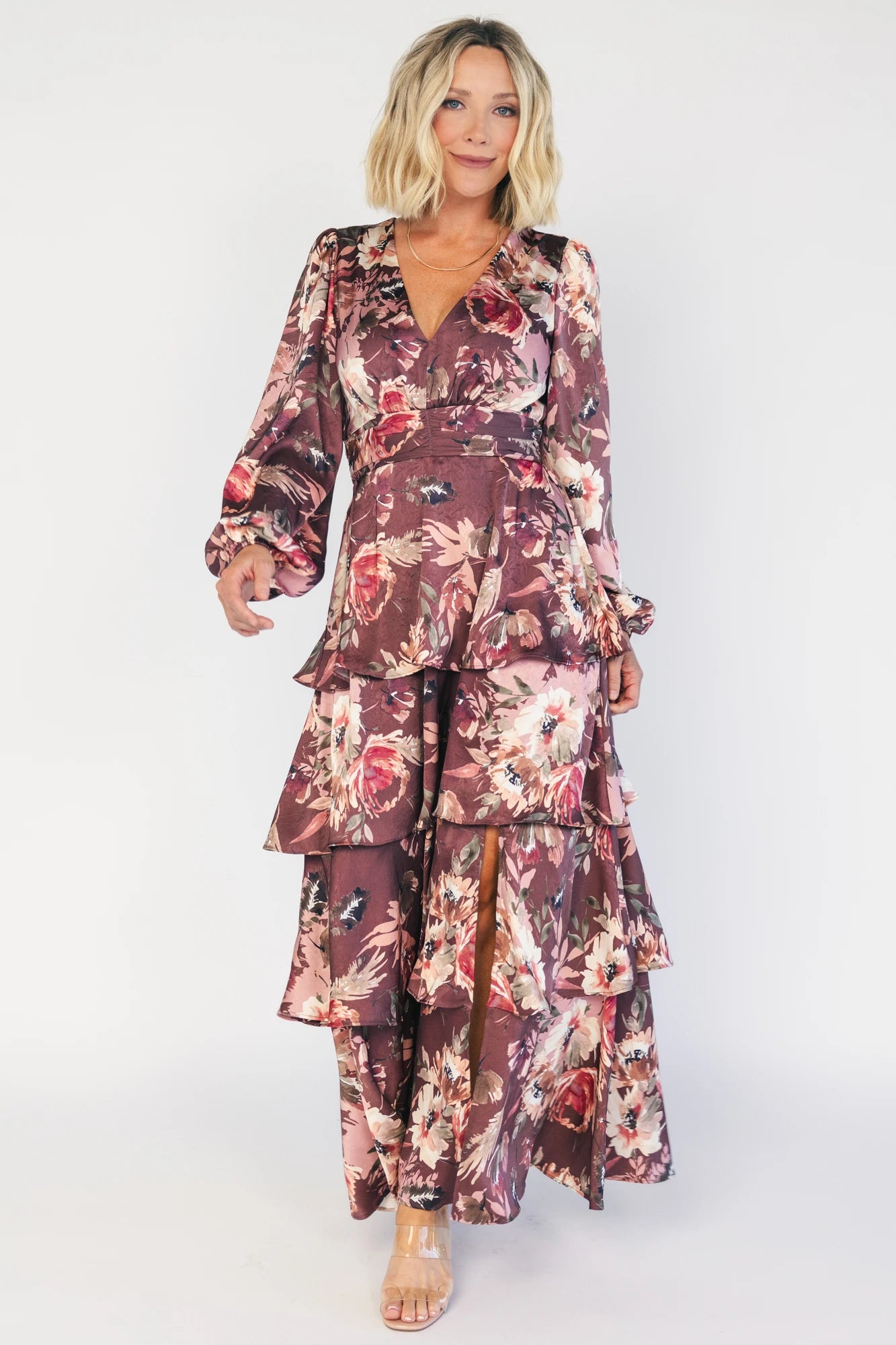 Montrouge Tiered Satin Dress | Clove + Mauve Floral