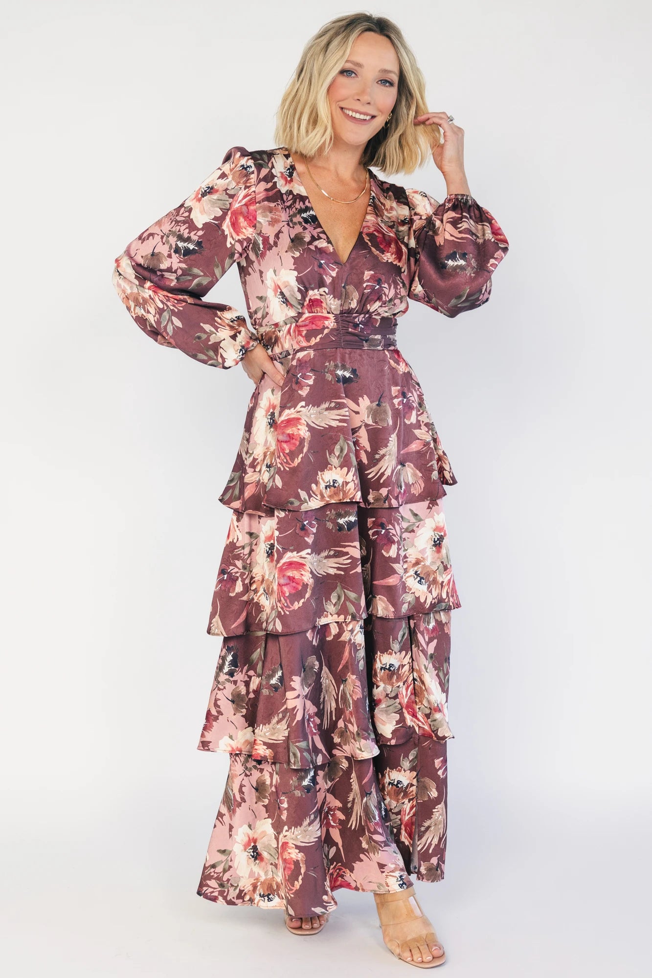Montrouge Tiered Satin Dress | Clove + Mauve Floral