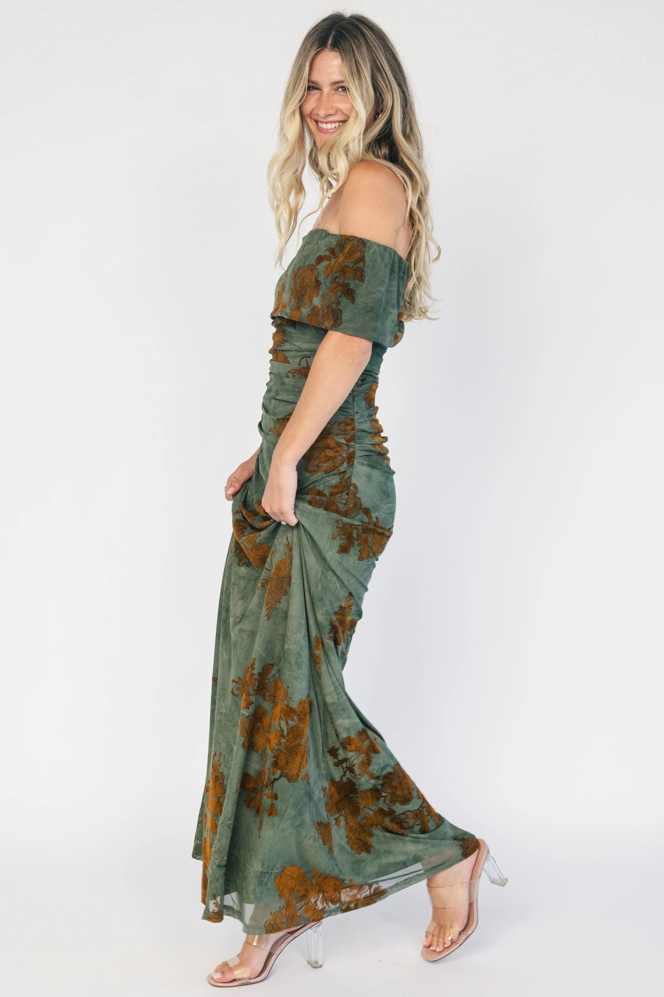 Tilden Off Shoulder Maxi Dress | Green + Copper