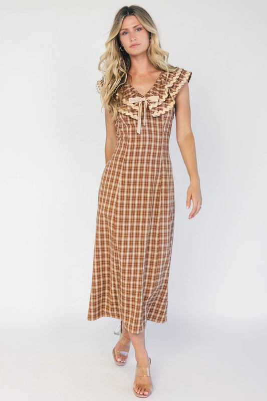 Maureen Ruffle Plaid Dress | Dusty Mocha