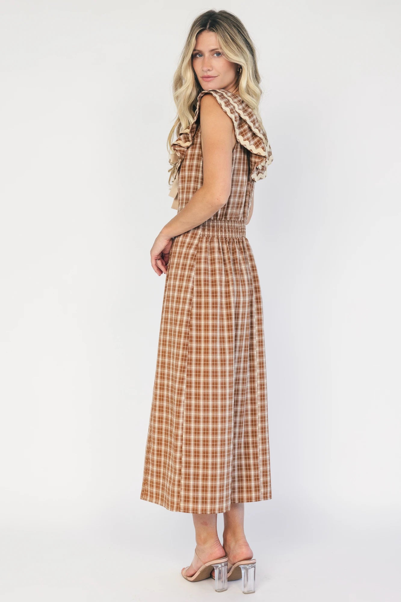 Maureen Ruffle Plaid Dress | Dusty Mocha
