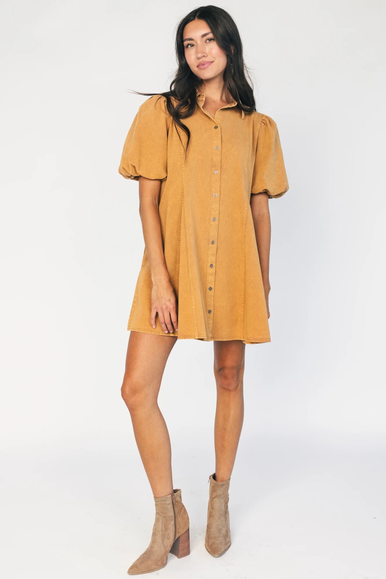 Geneva Button Front Short Dress | Camel