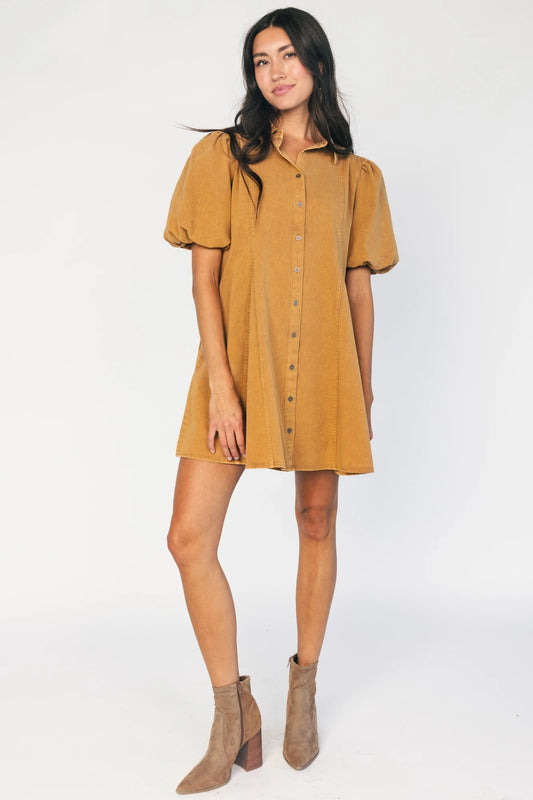 Geneva Button Front Short Dress in Camel with collared neckline, puff sleeves, princess seams, and fit-and-flare skirt.