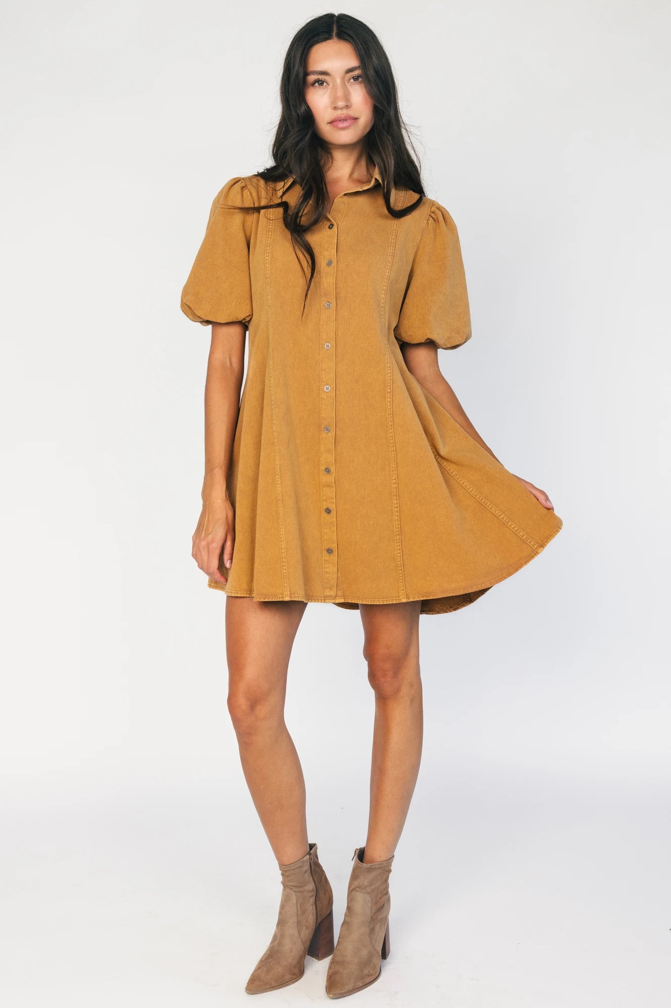 Geneva Button Front Short Dress in Camel with collared neckline, puff sleeves, princess seams, and fit-and-flare skirt.