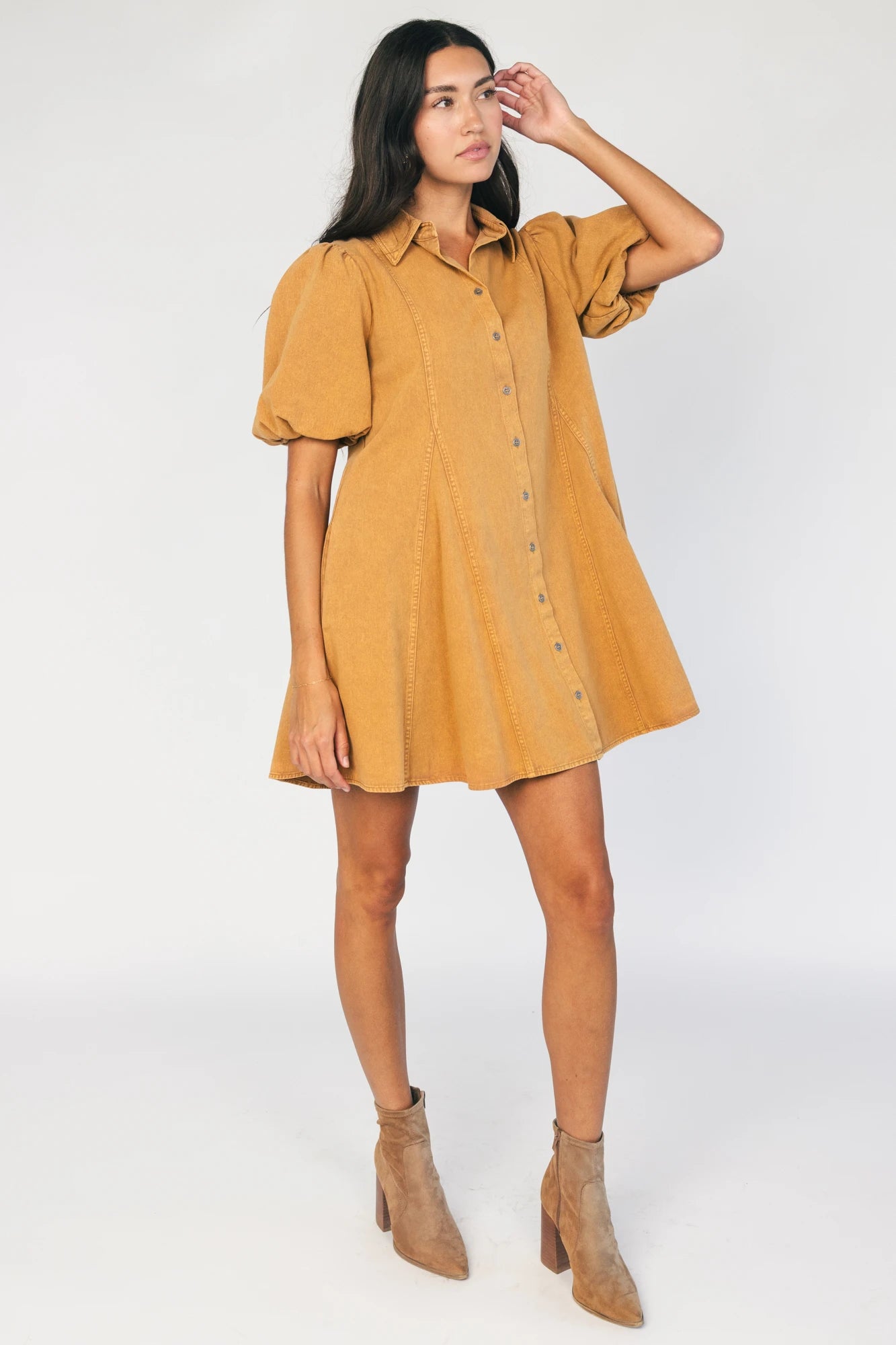 Geneva Button Front Short Dress | Camel