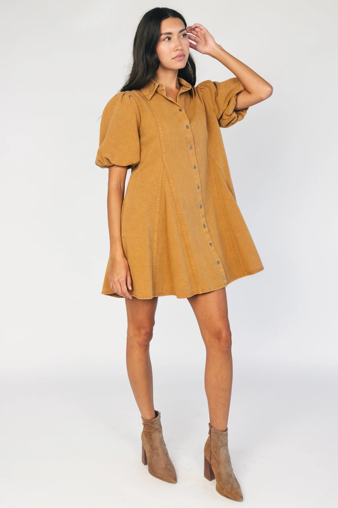 Geneva Button Front Short Dress in Camel with collared neckline, puff sleeves, princess seams, and fit-and-flare skirt.