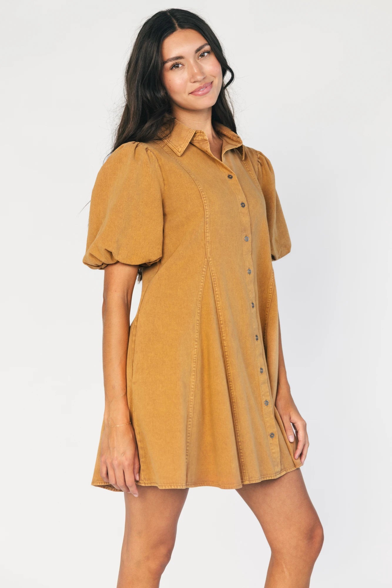 Geneva Button Front Short Dress in Camel with collared neckline, puff sleeves, princess seams, and fit-and-flare skirt.