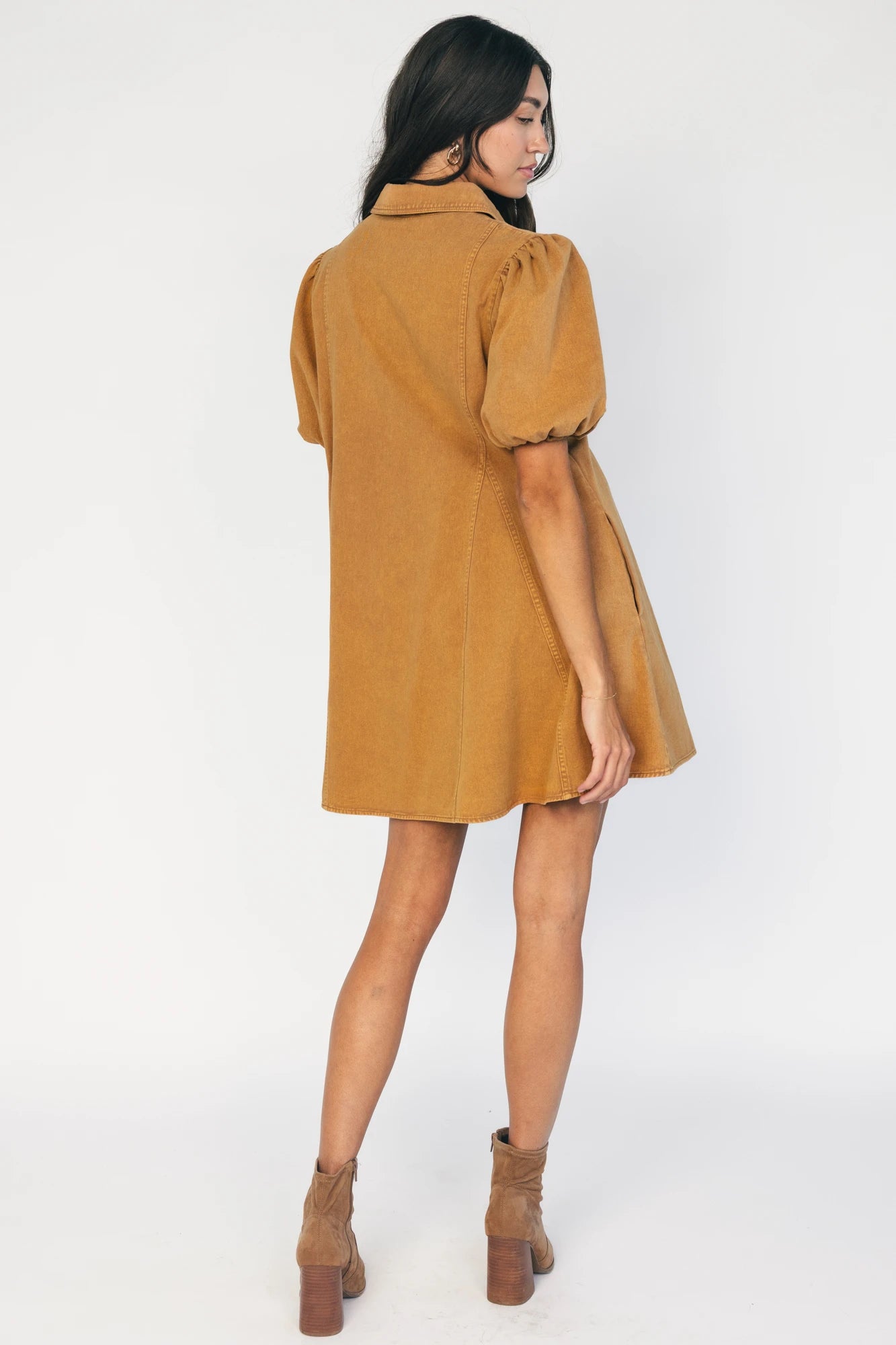 Geneva Button Front Short Dress in Camel with collared neckline, puff sleeves, princess seams, and fit-and-flare skirt.
