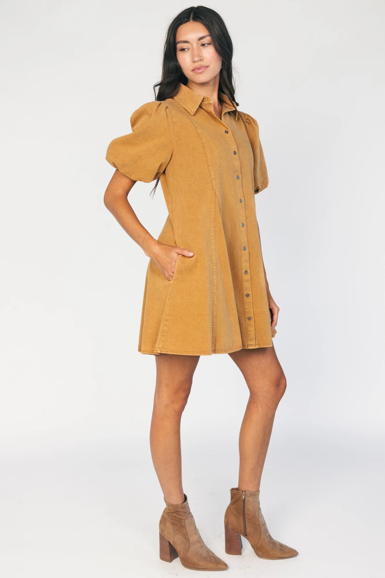 Geneva Button Front Short Dress in Camel with collared neckline, puff sleeves, princess seams, and fit-and-flare skirt.