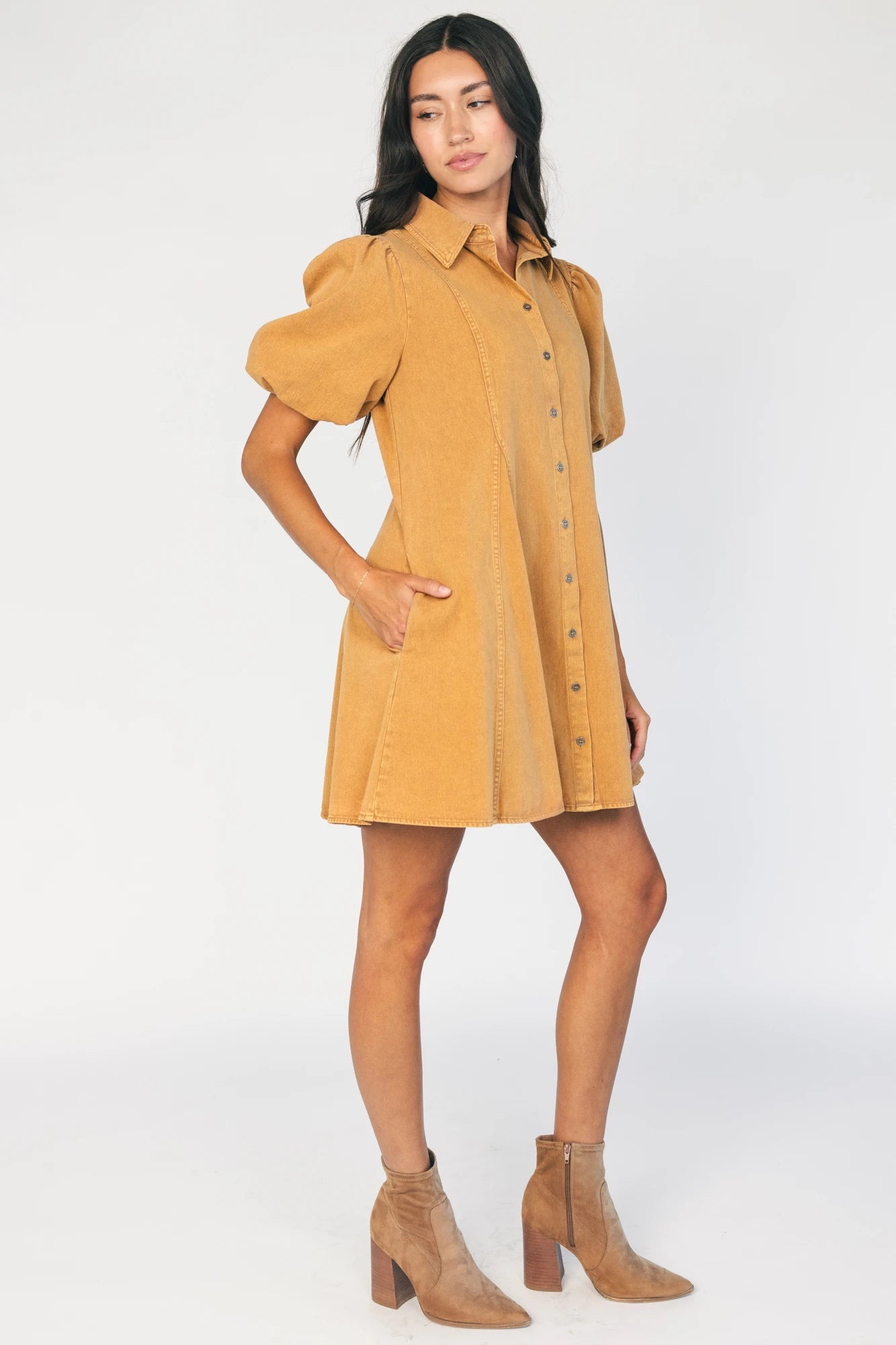 Geneva Button Front Short Dress | Camel