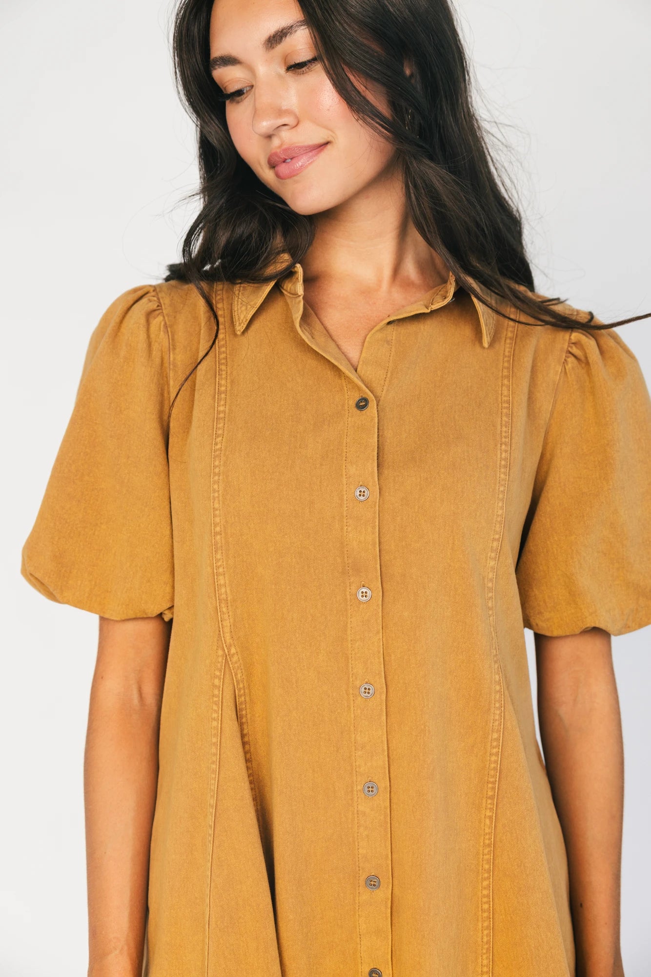 Geneva Button Front Short Dress in Camel with collared neckline, puff sleeves, princess seams, and fit-and-flare skirt.