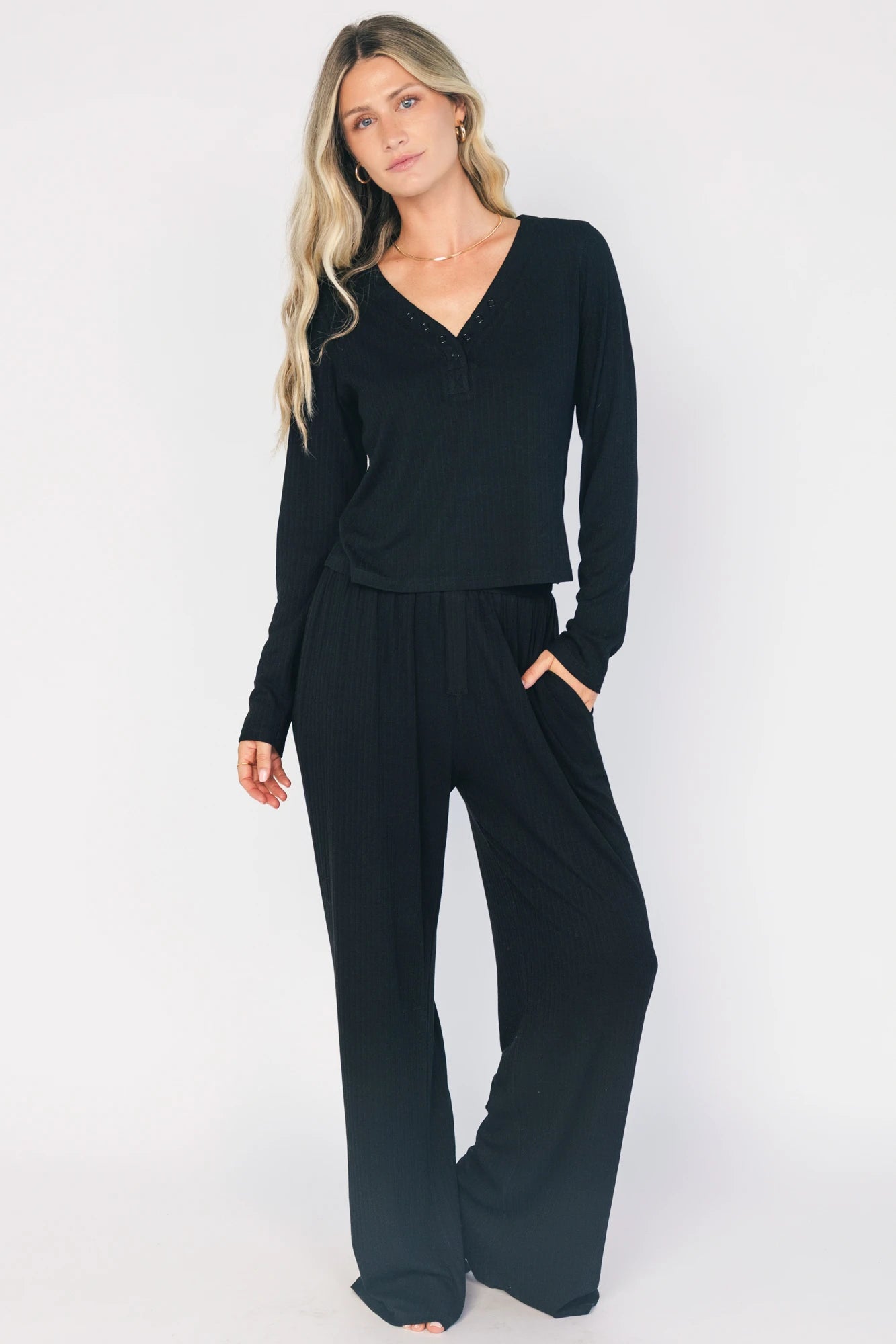 Rubi Soft Ribbed Pajama Set | Black