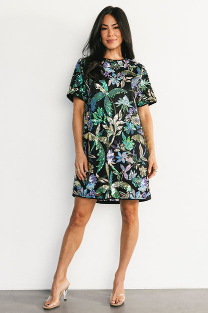 Patricia Sequin Short Dress | Black + Blue Multi