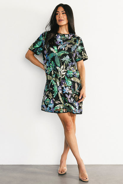Patricia Sequin Short Dress | Black + Blue Multi