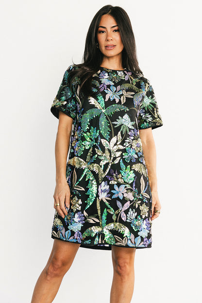 Patricia Sequin Short Dress | Black + Blue Multi