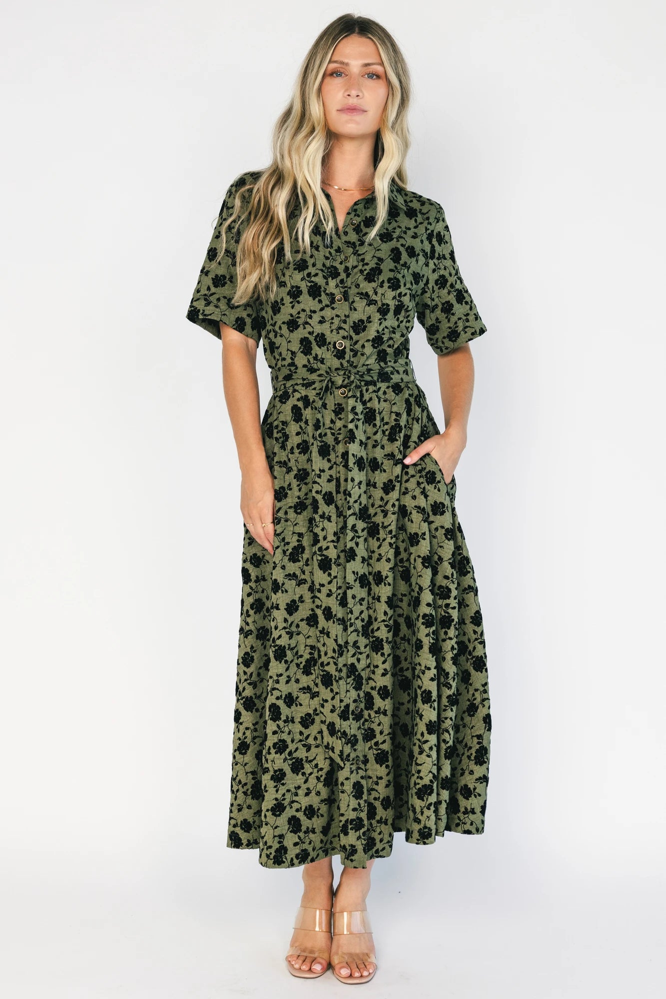 Kristen Button Up Dress | Deep Olive Floral