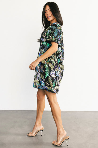 Patricia Sequin Short Dress | Black + Blue Multi