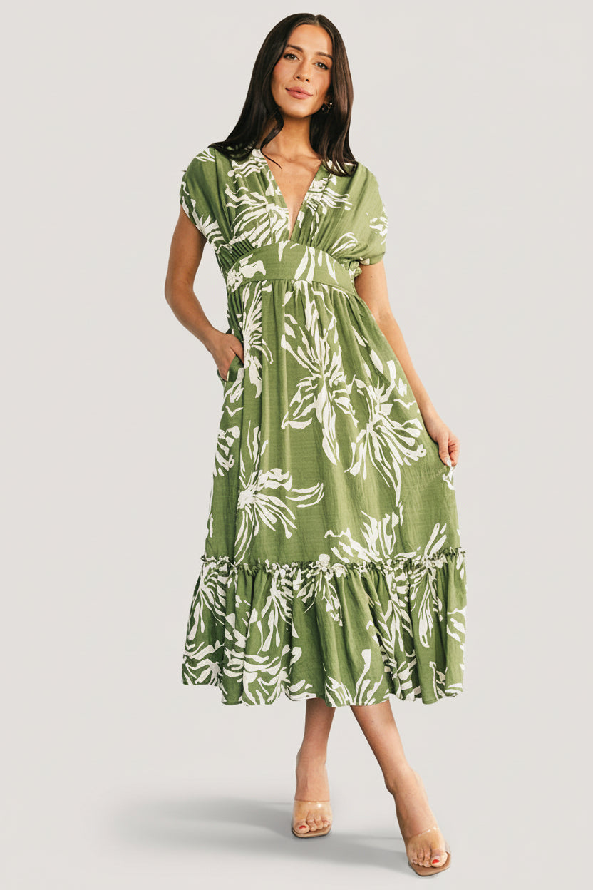 Rosa Midi Dress - Green Floral, Smocked Waist | Baltic Born