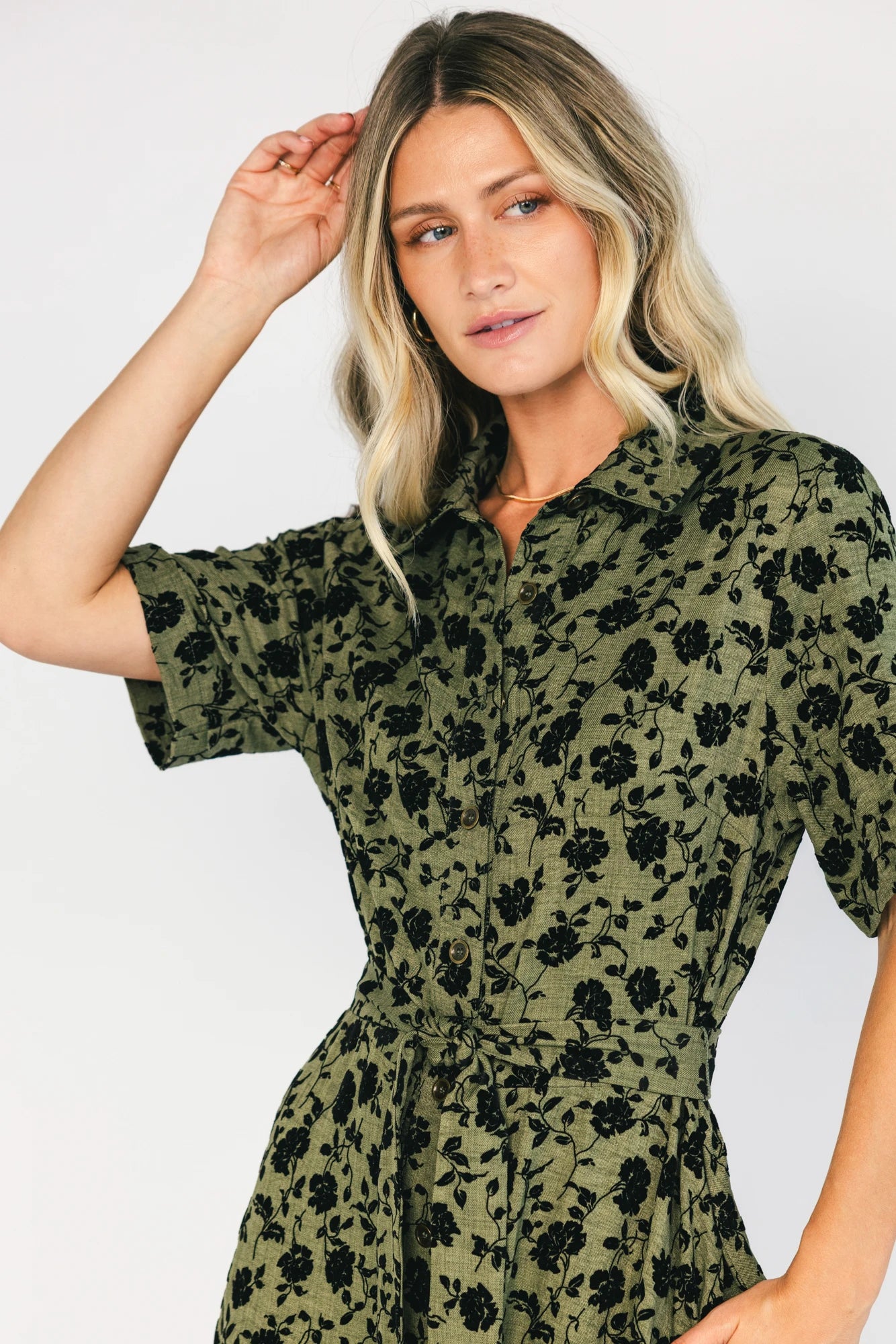 Kristen Button Up Dress | Deep Olive Floral