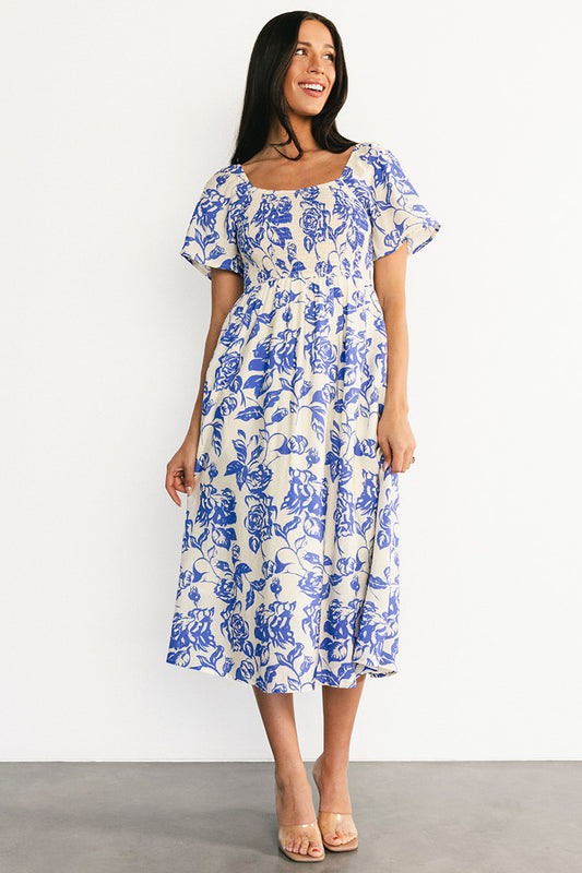 Dolores Smocked Midi Dress | Ivory + Blue Floral