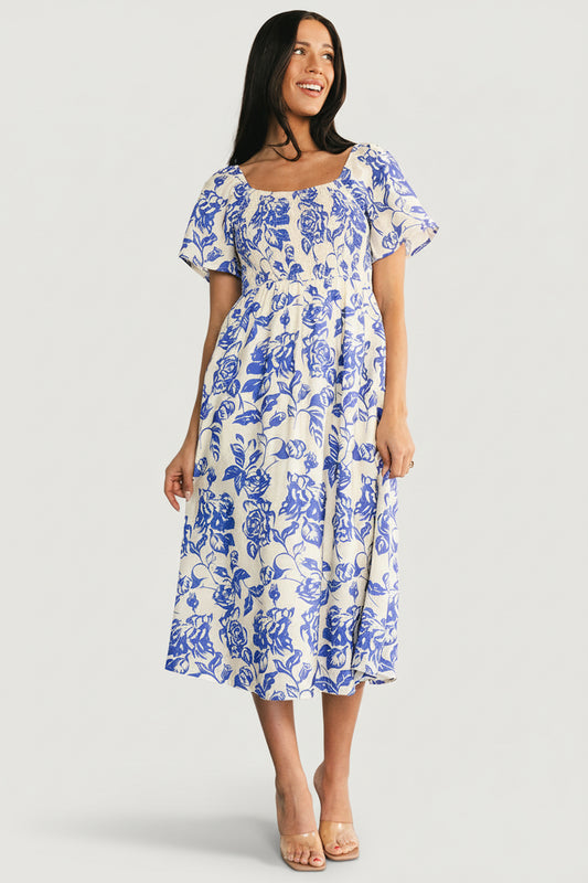 Dolores Smocked Midi Dress | Ivory + Blue Floral