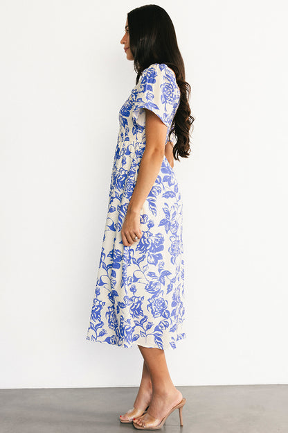 Dolores Smocked Midi Dress | Ivory + Blue Floral