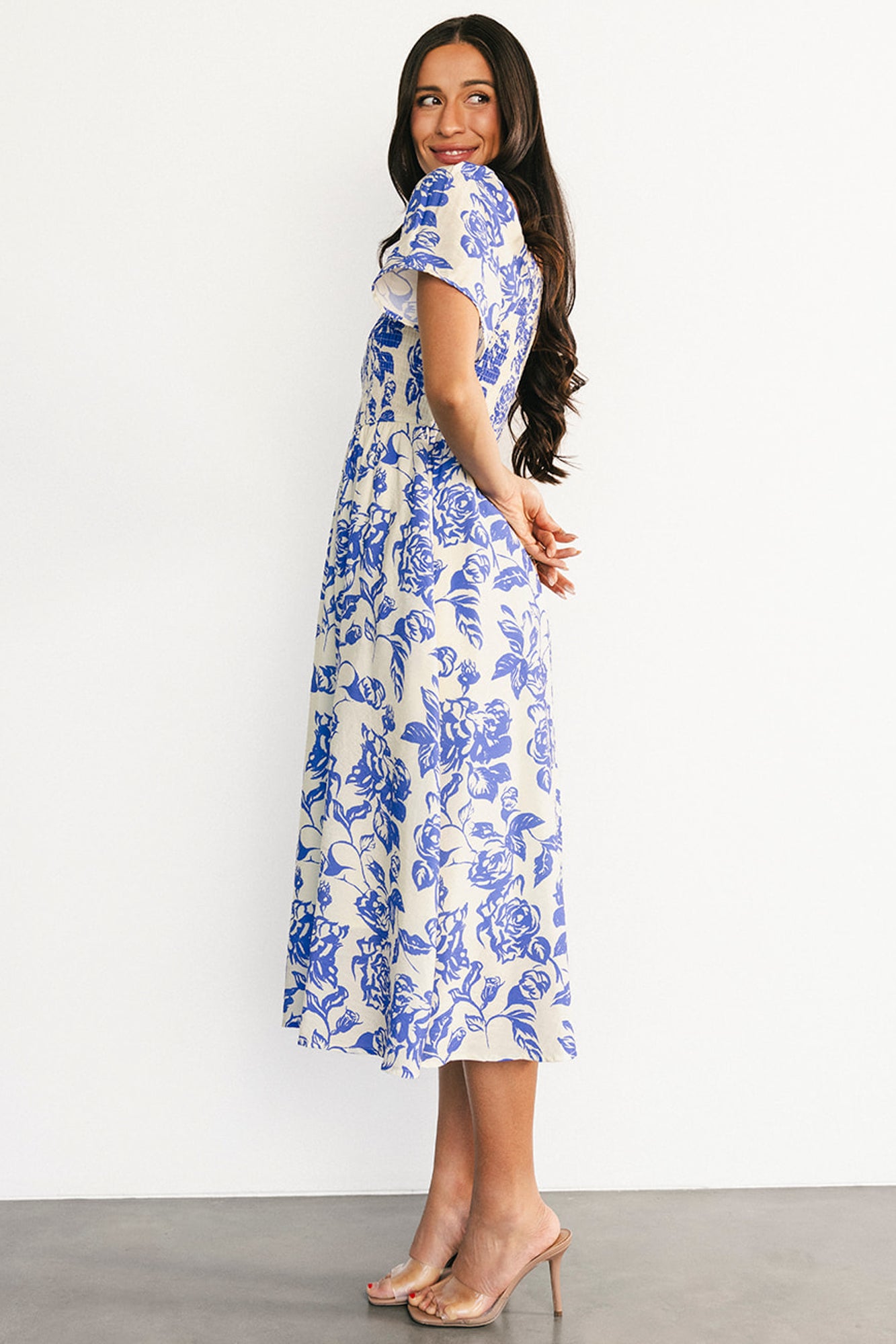 Dolores Smocked Midi Dress | Ivory + Blue Floral