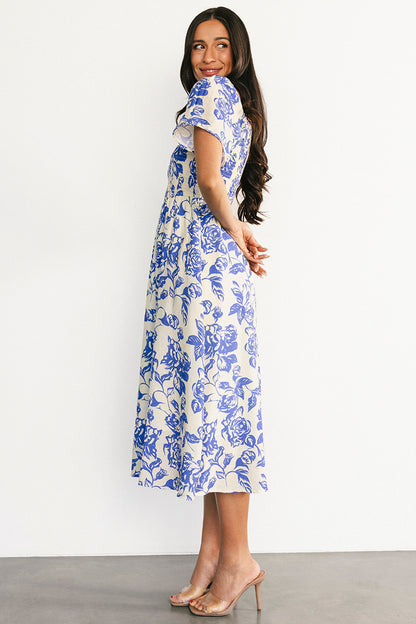 Dolores Smocked Midi Dress | Ivory + Blue Floral