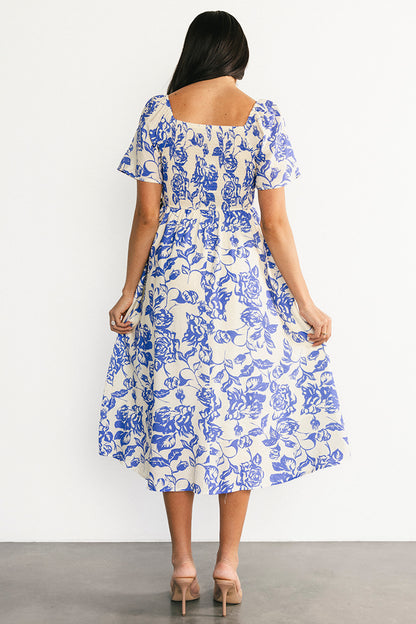 Dolores Smocked Midi Dress | Ivory + Blue Floral