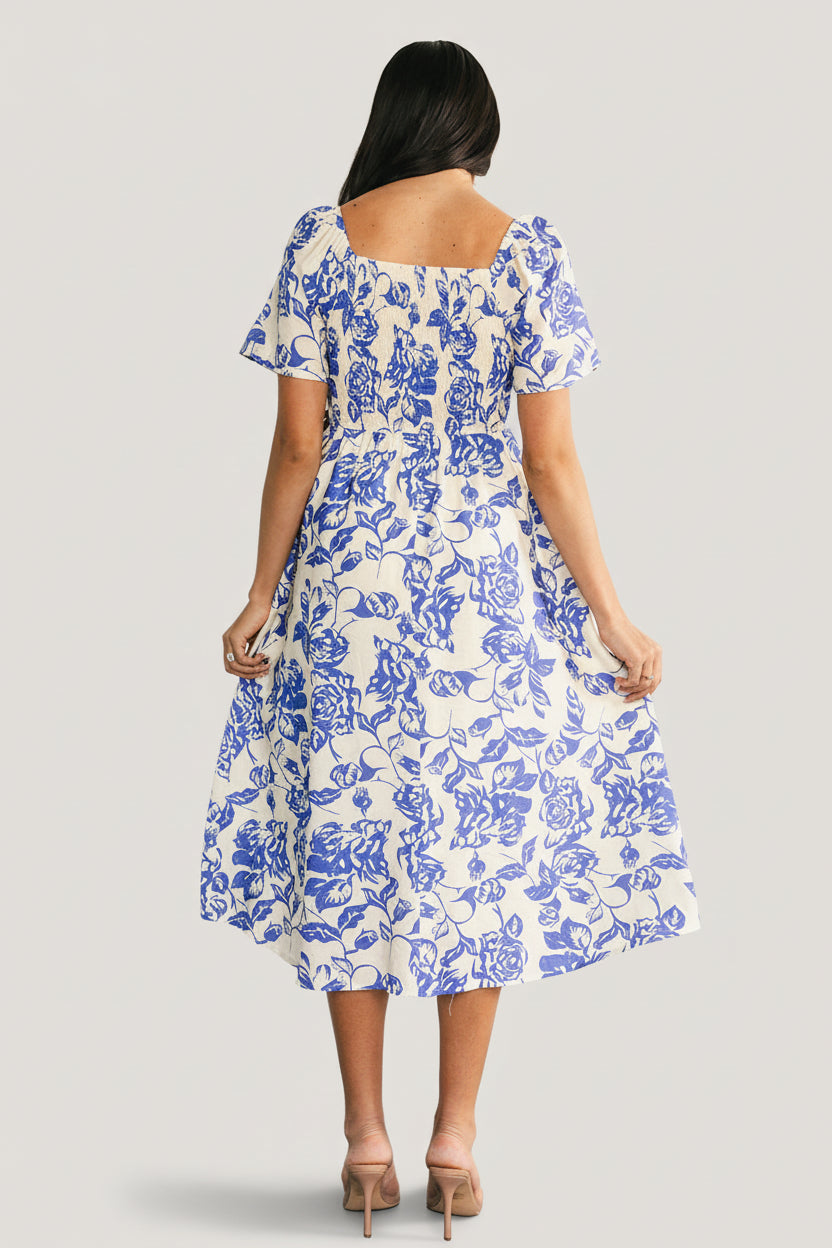 Dolores Smocked Midi Dress | Ivory + Blue Floral