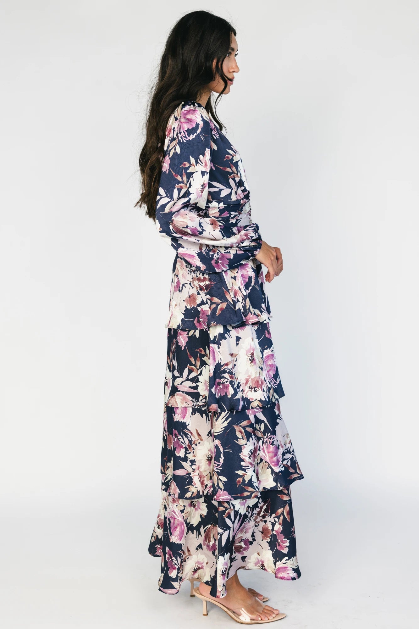 Montrouge Tiered Satin Dress | Navy + Lilac Floral