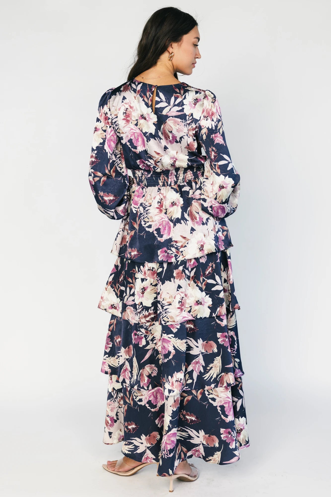 Montrouge Tiered Satin Dress | Navy + Lilac Floral