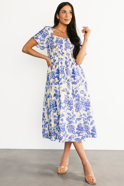 Dolores Smocked Midi Dress | Ivory + Blue Floral