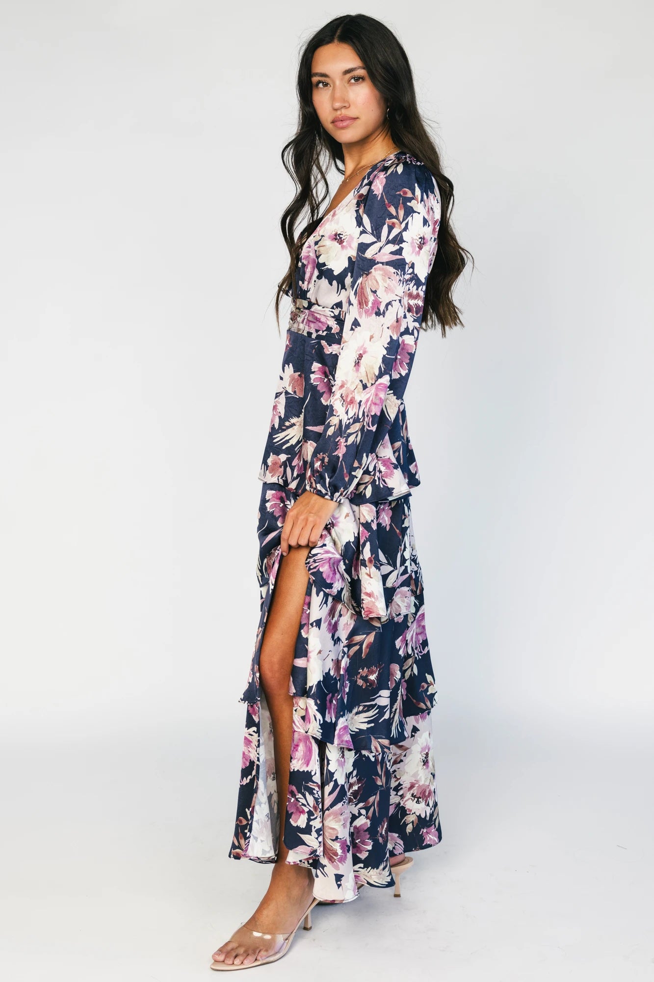 Montrouge Tiered Satin Dress | Navy + Lilac Floral