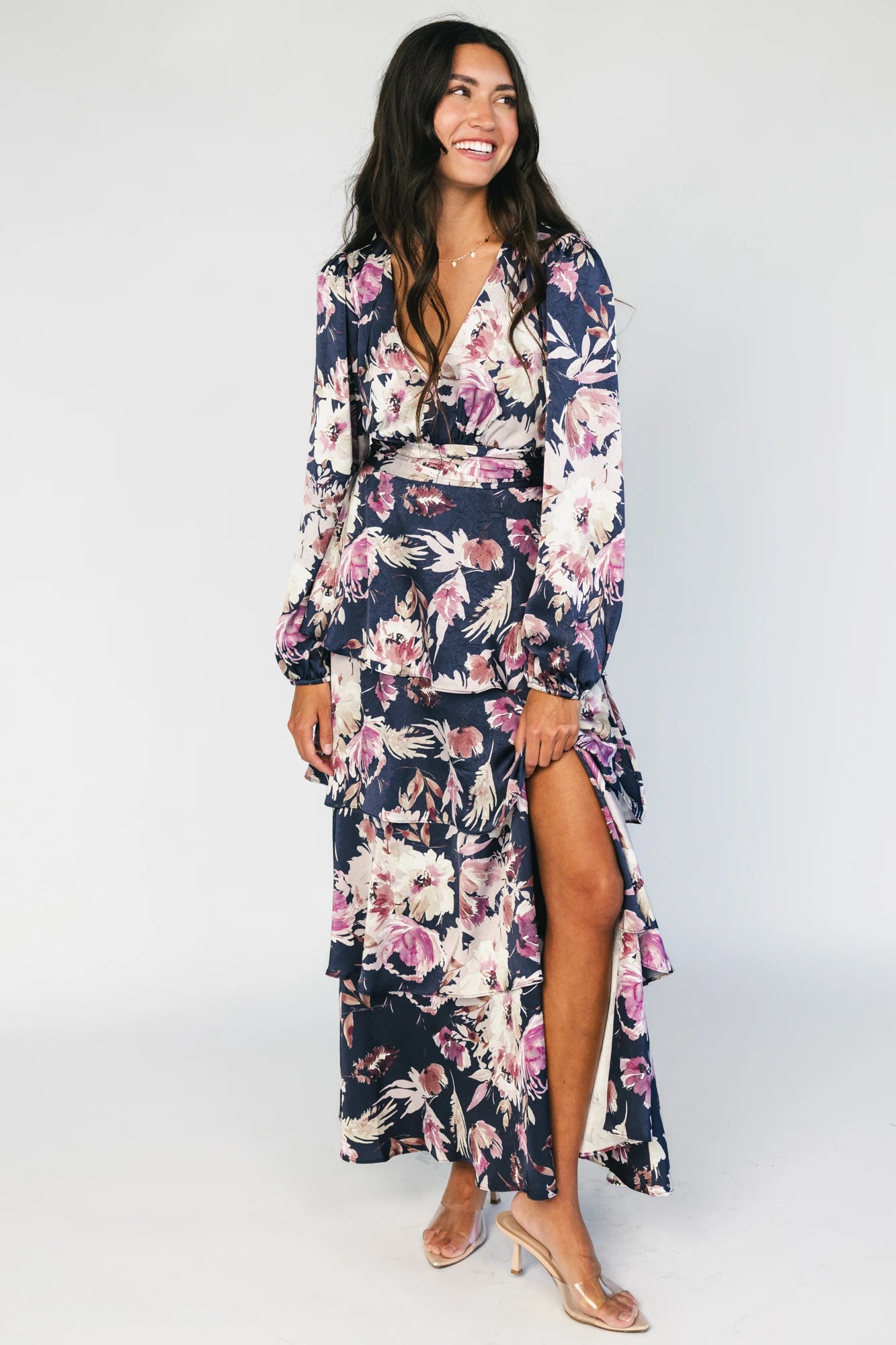 Montrouge Tiered Satin Dress | Navy + Lilac Floral