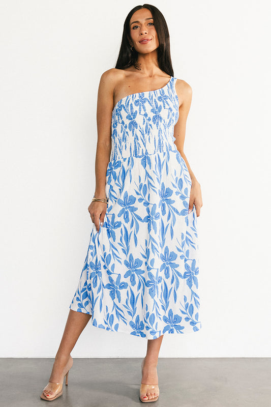 Brisa One Shoulder Midi Dress | White + Blue