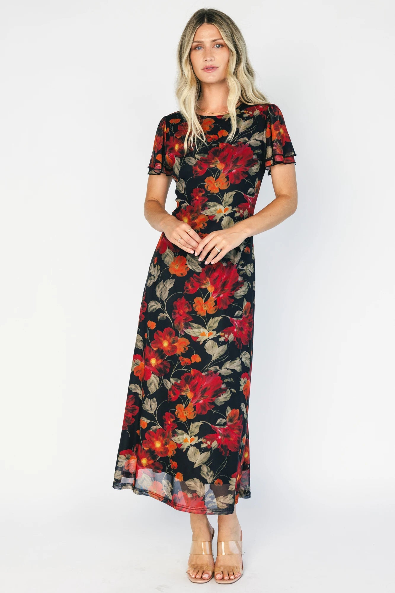 Briony Mesh Maxi Dress | Black + Red Floral