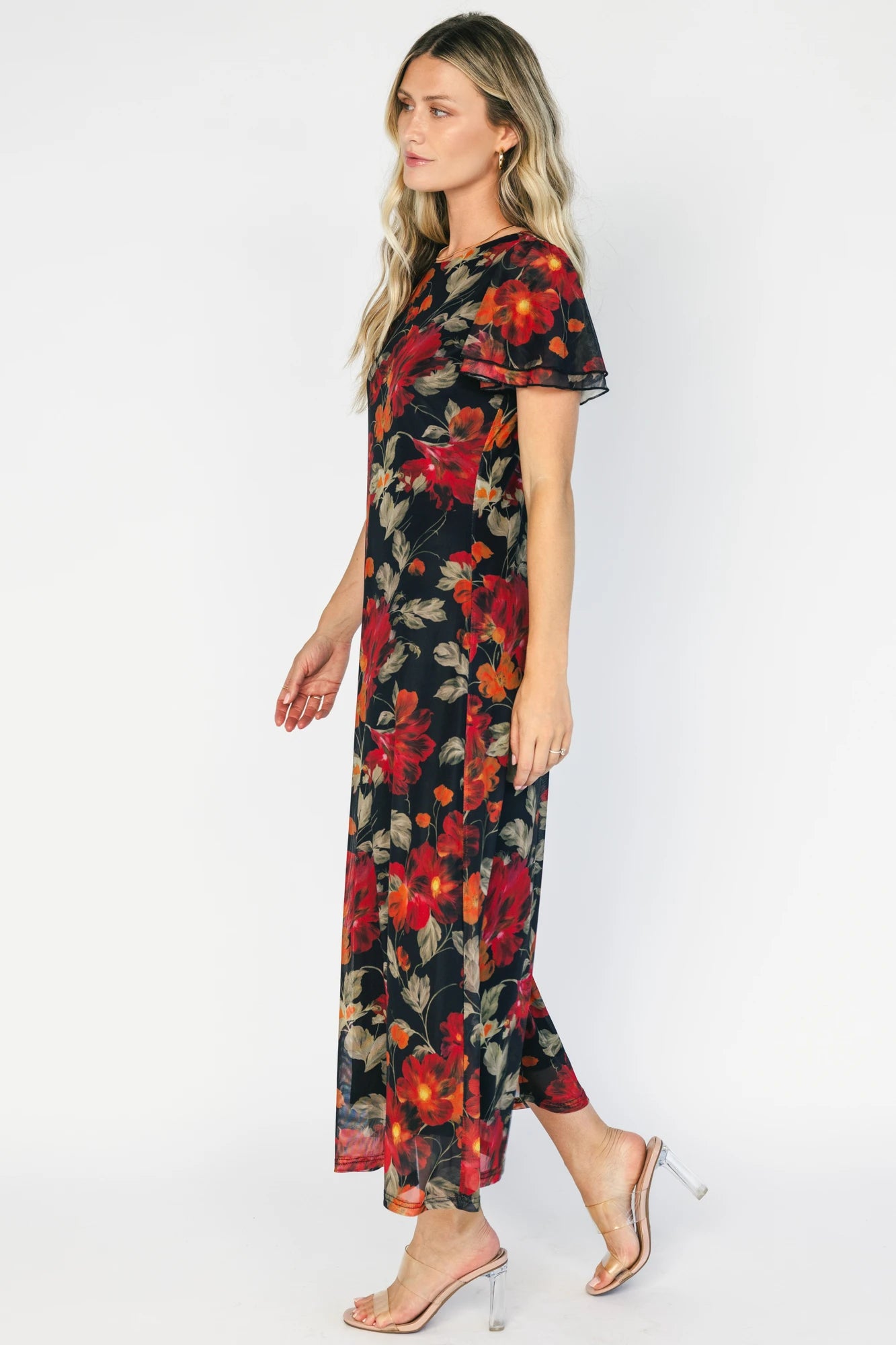 Briony Mesh Maxi Dress | Black + Red Floral