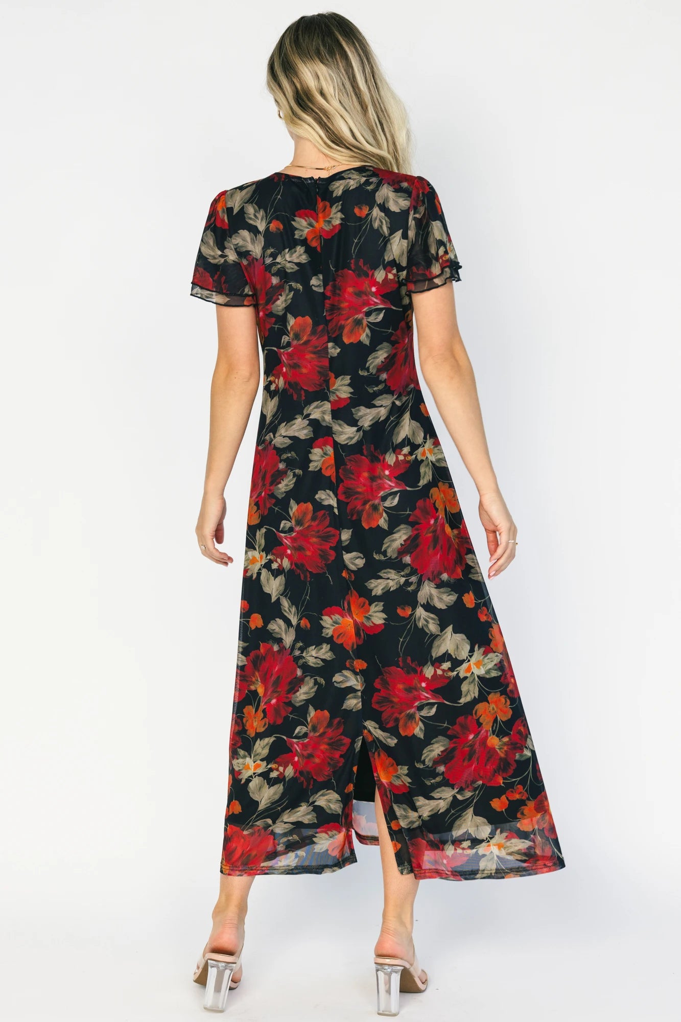 Briony Mesh Maxi Dress | Black + Red Floral